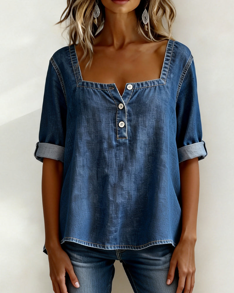 Avélia™ | Cămașă din denim cu guler pătrat