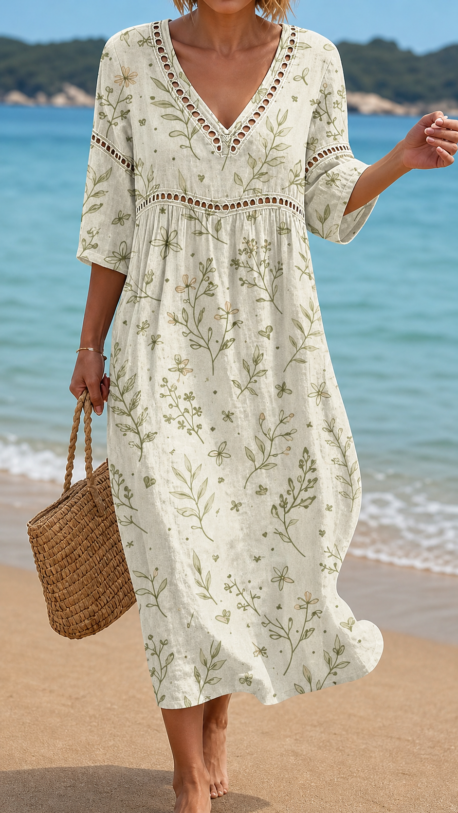 Rochie de Plajă cu Efect de In și Motiv Botanic