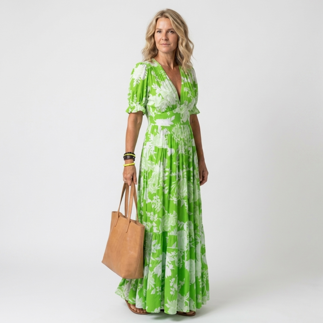 Simona - Rochie Midi Florală cu Mâneci Scurte