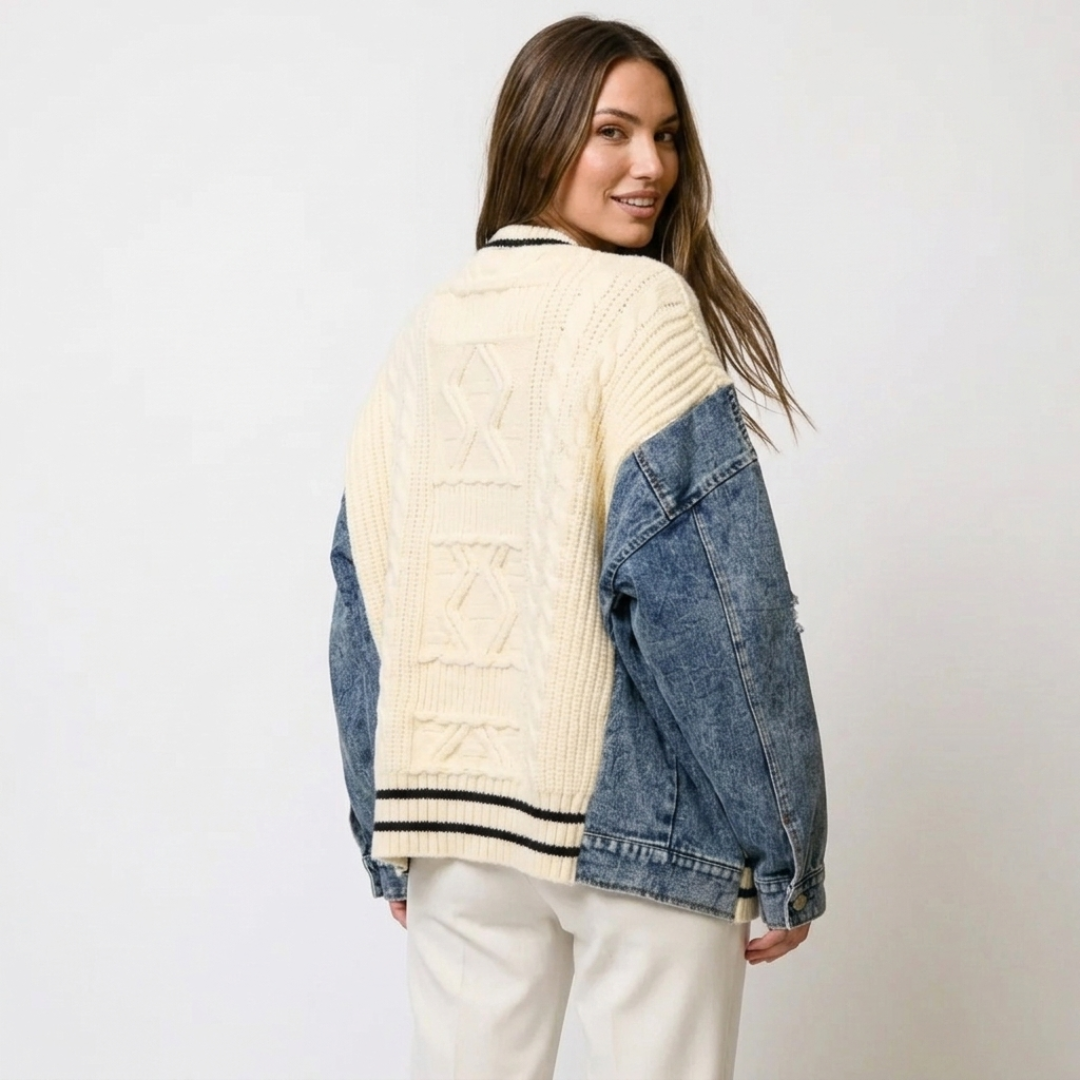 Ramona – Cardigan tricotat cu model patchwork și blugi lejeri