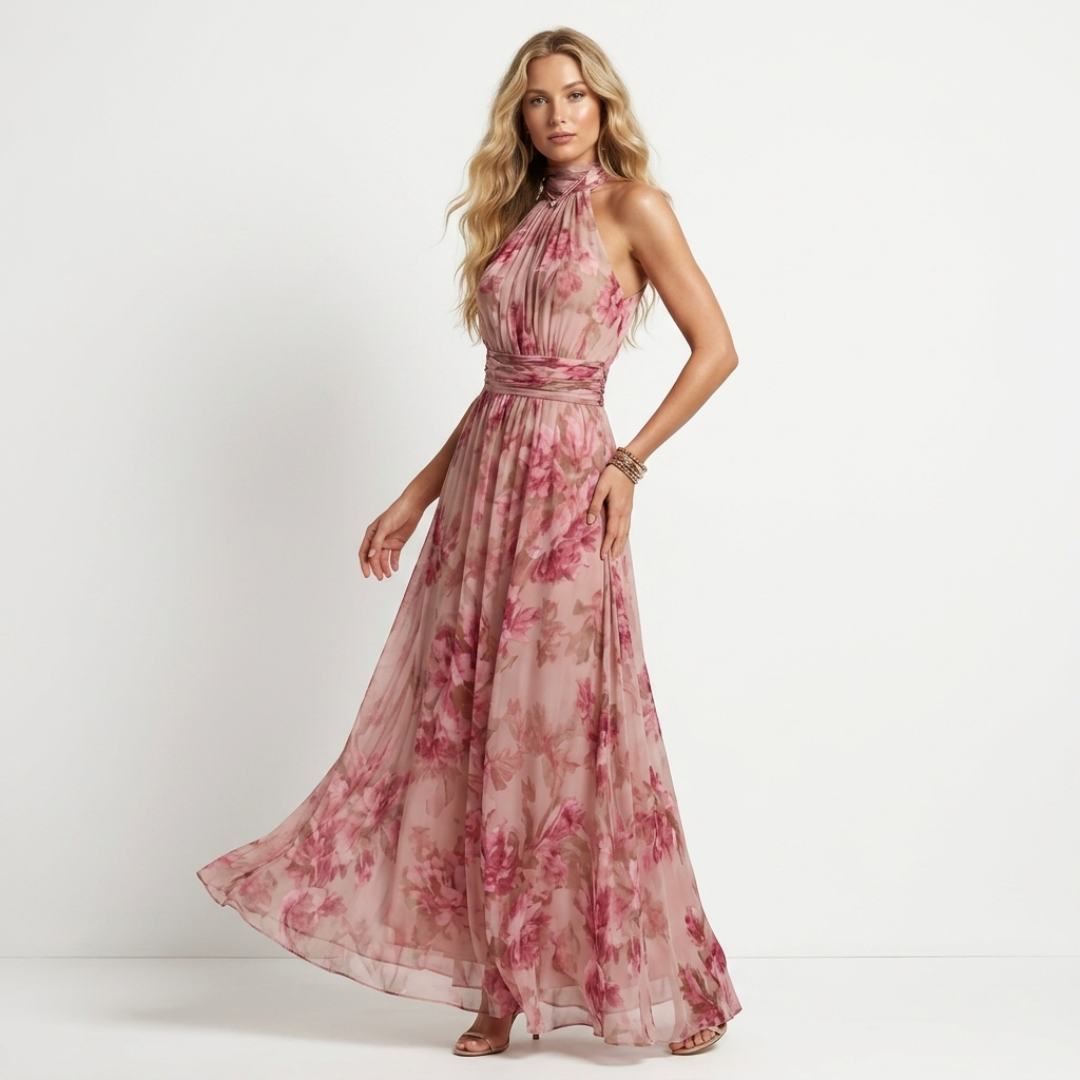 Violeta - Rochie maxi verde cu imprimeu floral