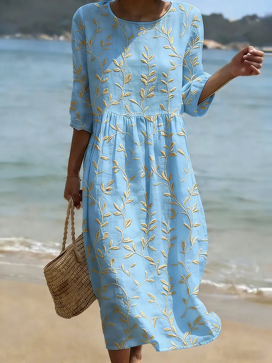 Natalie | Rochie midi cu model de plante și flori și decolteu rotund