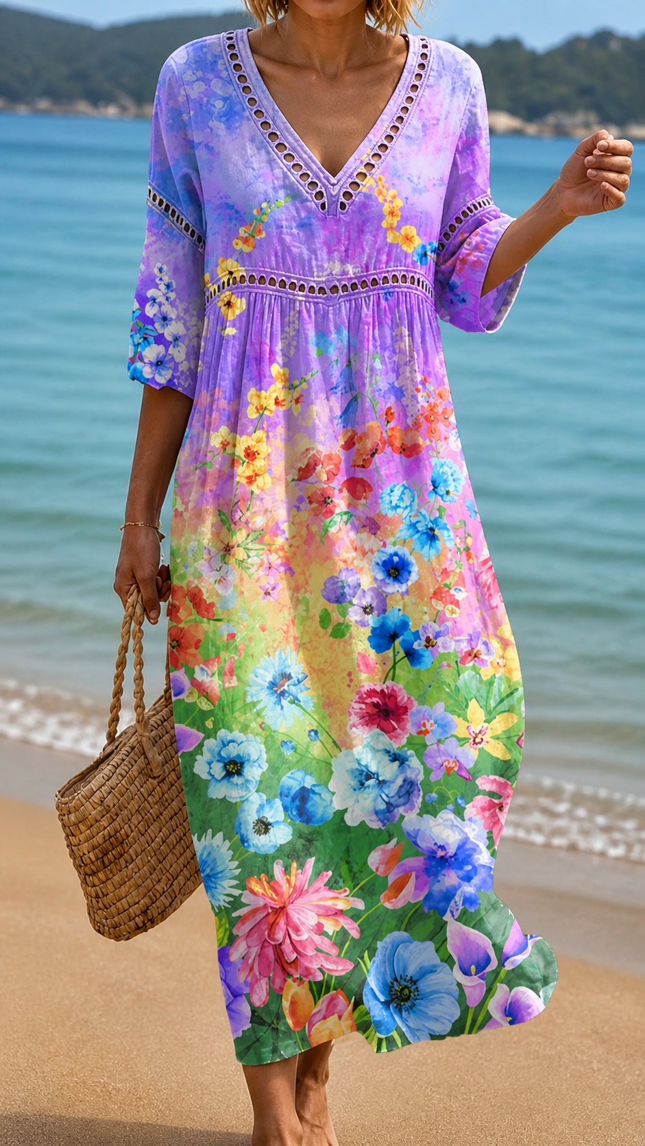 Rochie de Plajă cu Flori Vii