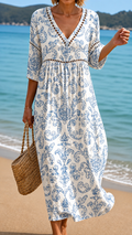 Rochie Midi Moale cu Motif Clasic Albastru
