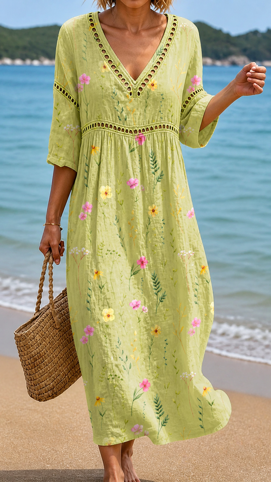 Rochie Midi Verde Deschis cu Flori Delicate