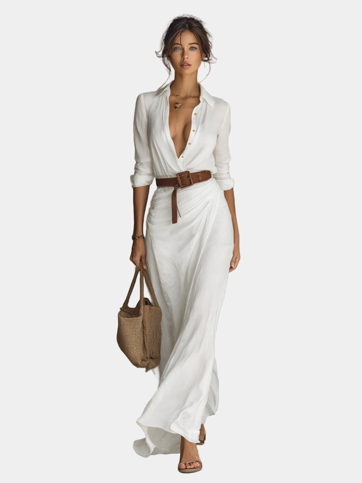 Luminta - Rochie Maxi Lungă cu Guler Reversibil și Mâneci Lungi