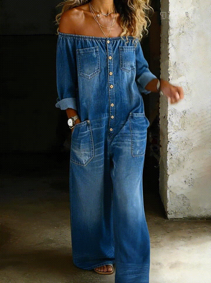 Elena™ | Salopetă din denim cu umeri descoperiți