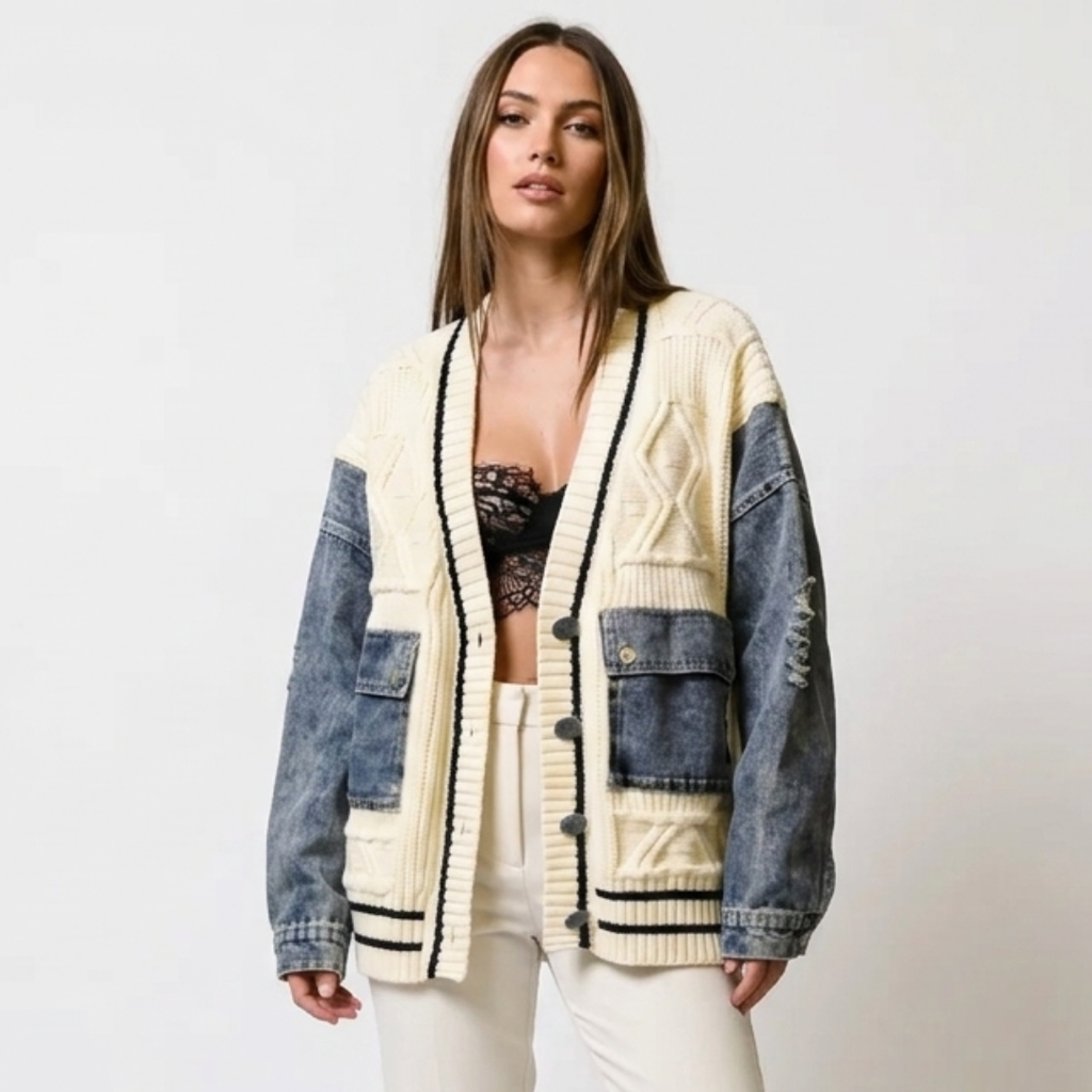 Ramona – Cardigan tricotat cu model patchwork și blugi lejeri