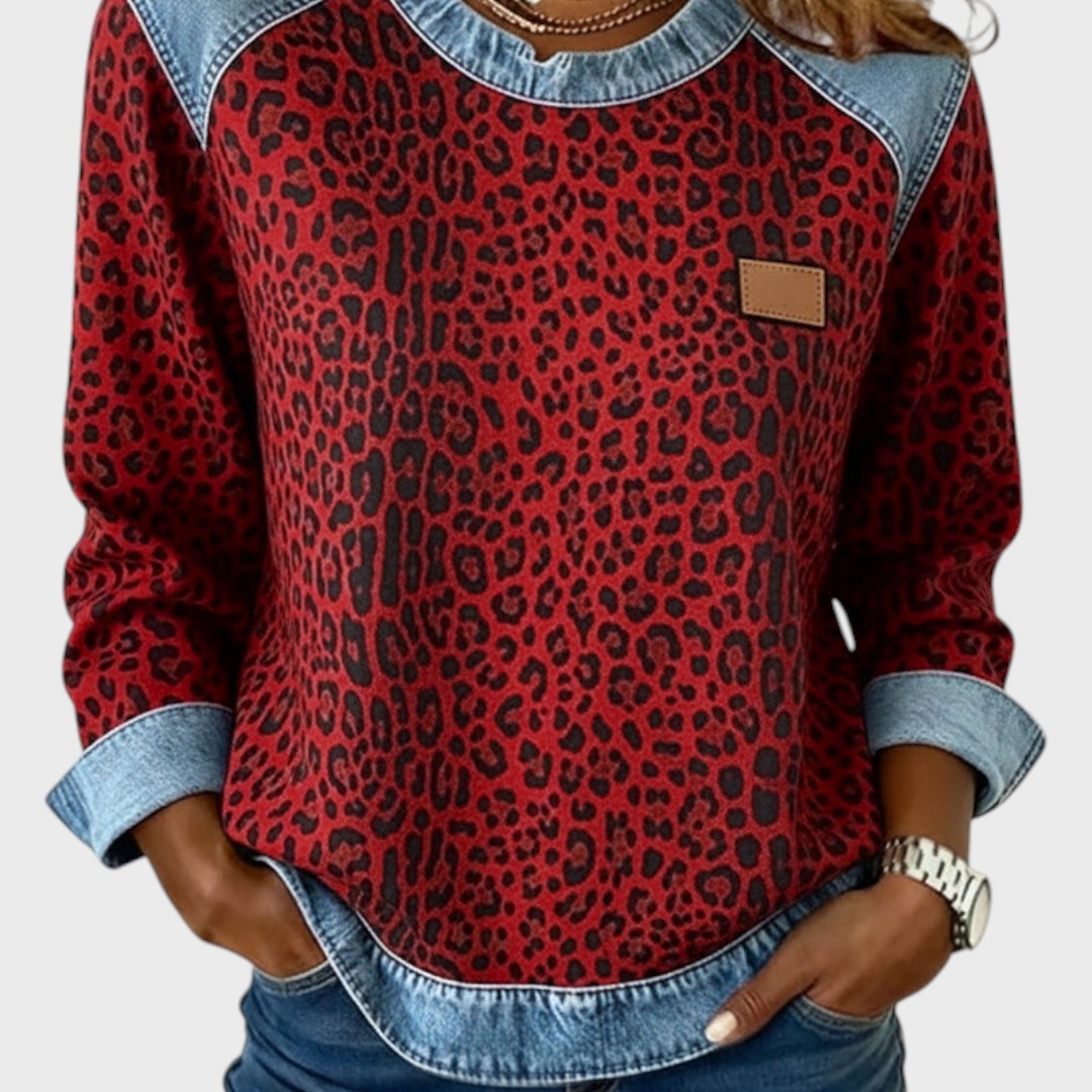 Roxy | Top cu model leopard și margini din denim