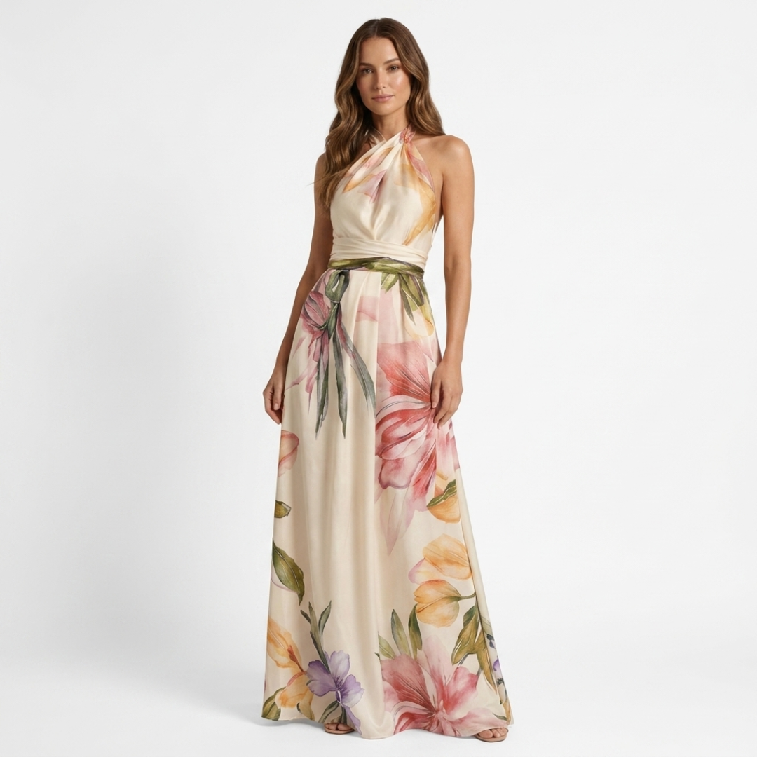Anca - Rochie lungă cu decolteu floral și bretele