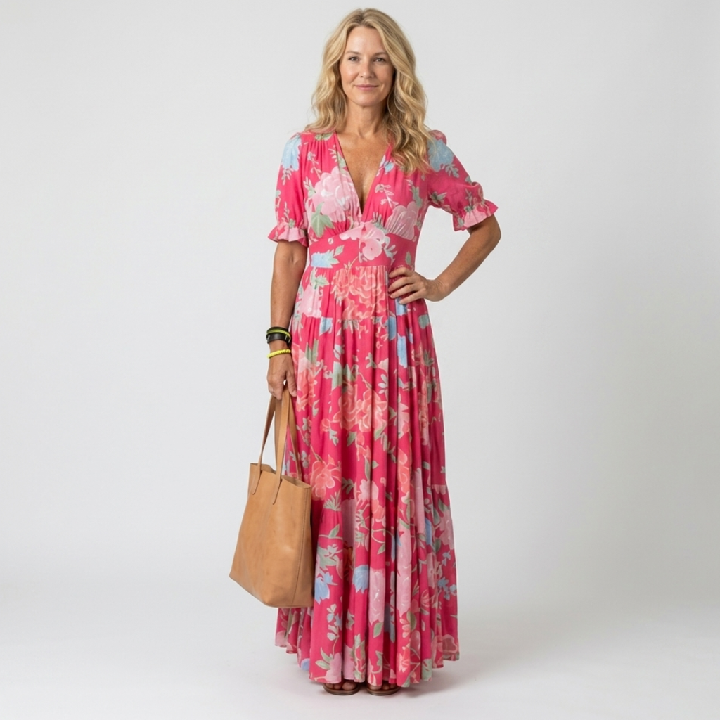 Simona - Rochie Midi Florală cu Mâneci Scurte