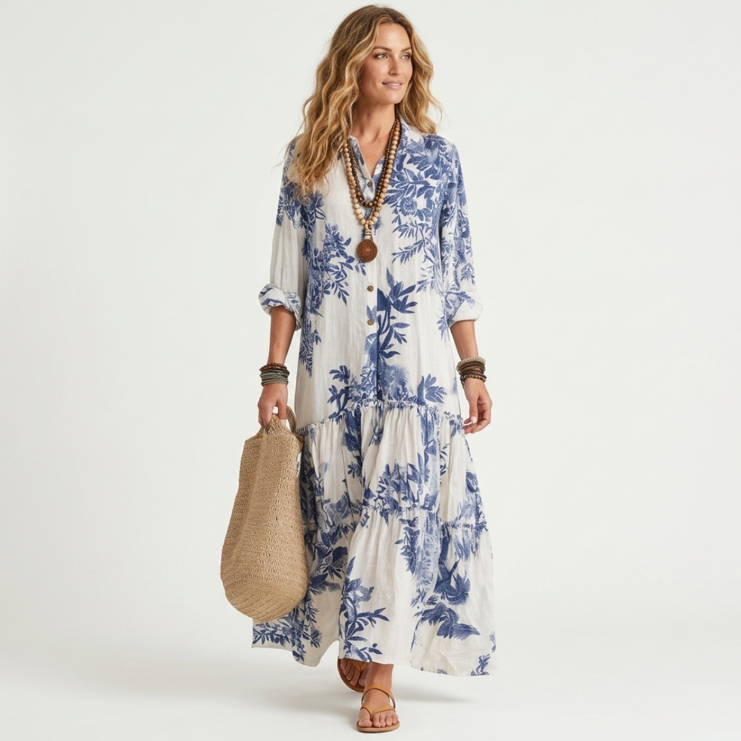 Faye - Rochie Maxi Florală cu Nasturi