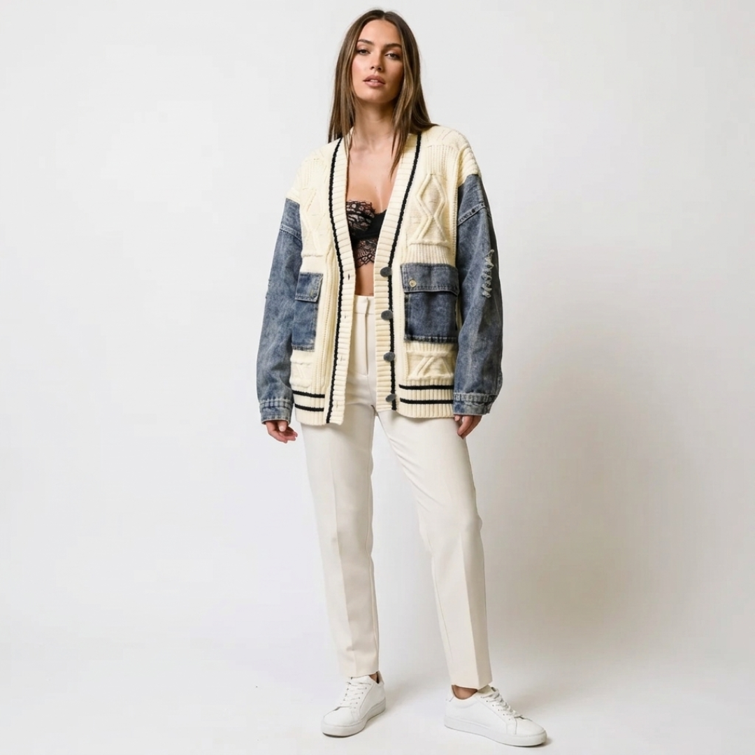 Ramona – Cardigan tricotat cu model patchwork și blugi lejeri