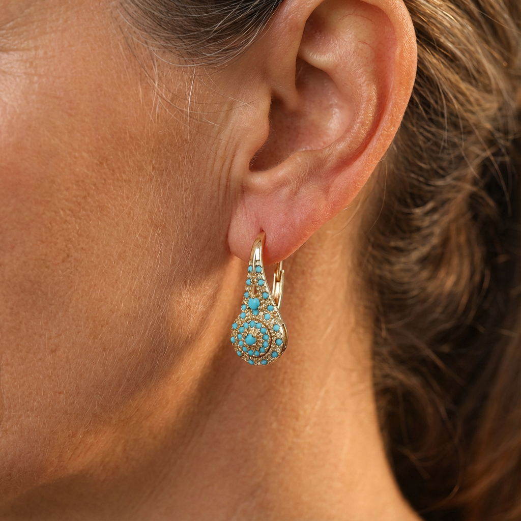 Cercei din Aur cu Mozaic Turcoaz în Formă de Turn