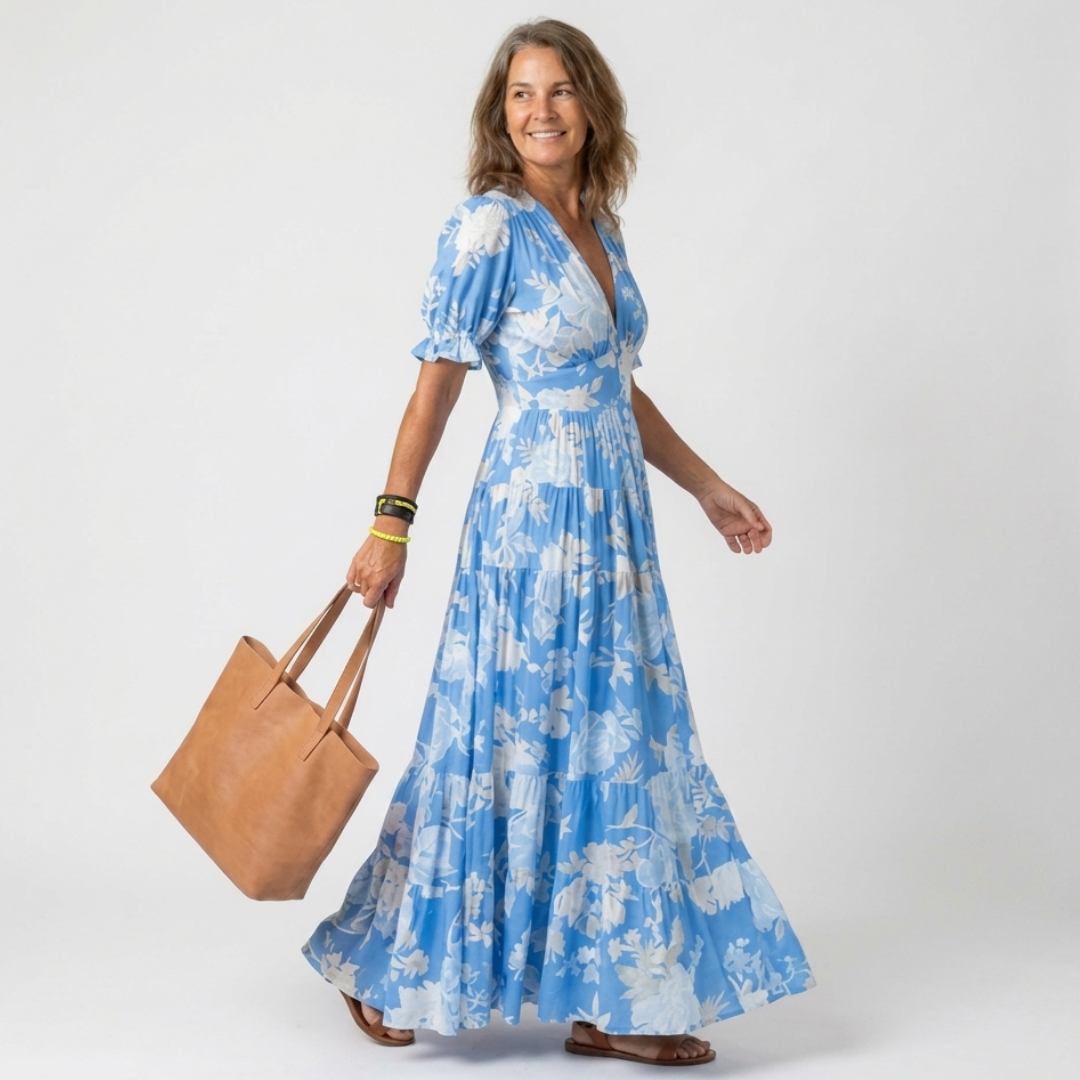 Simona - Rochie Midi Florală cu Mâneci Scurte
