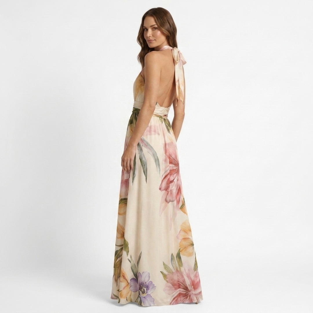 Anca - Rochie lungă cu decolteu floral și bretele