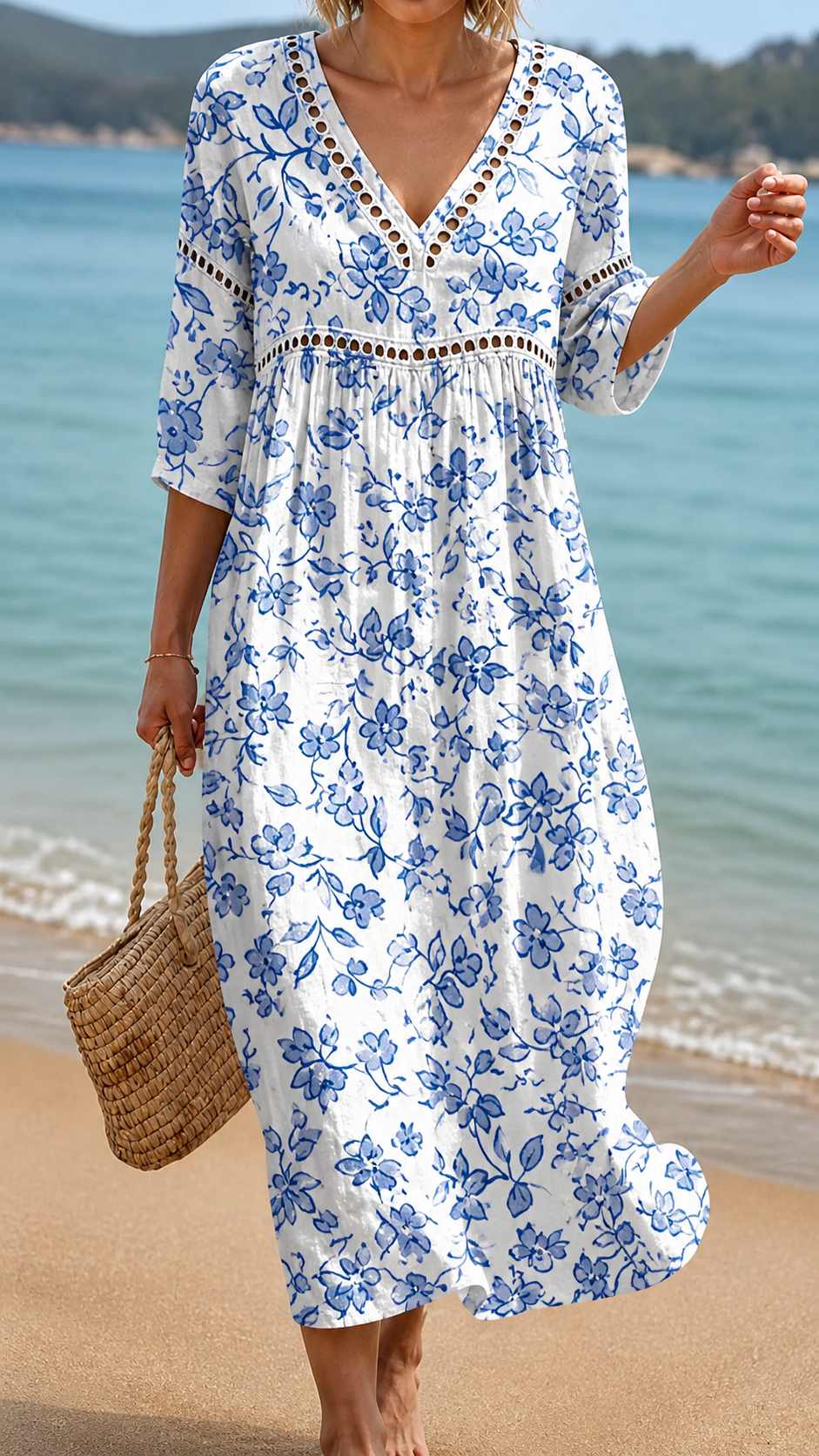 Rochie de Plajă Florală Albastră Clasică