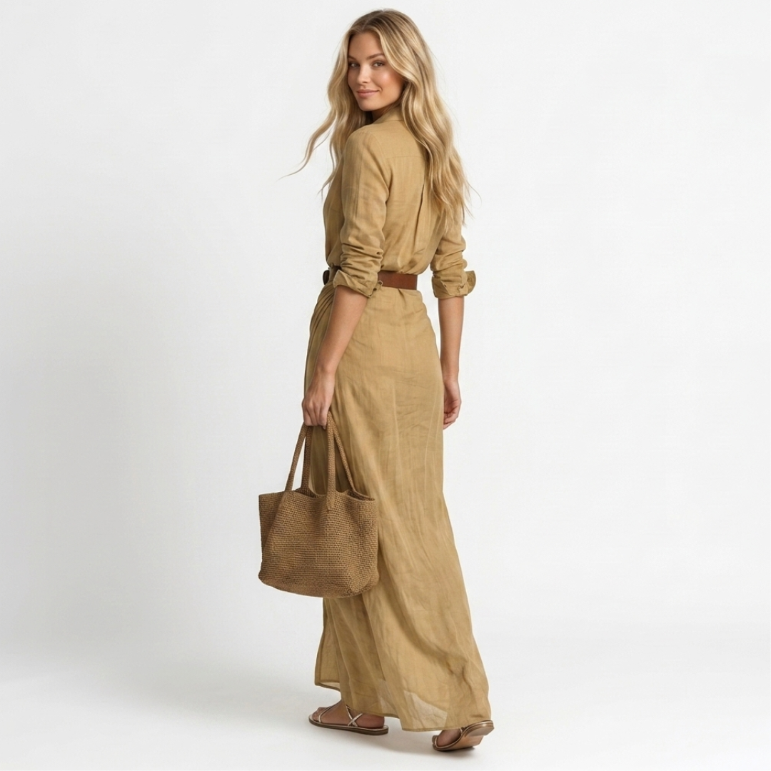 Elena – Rochie Maxi Elegantă cu Guler Revers și Talie Marcată