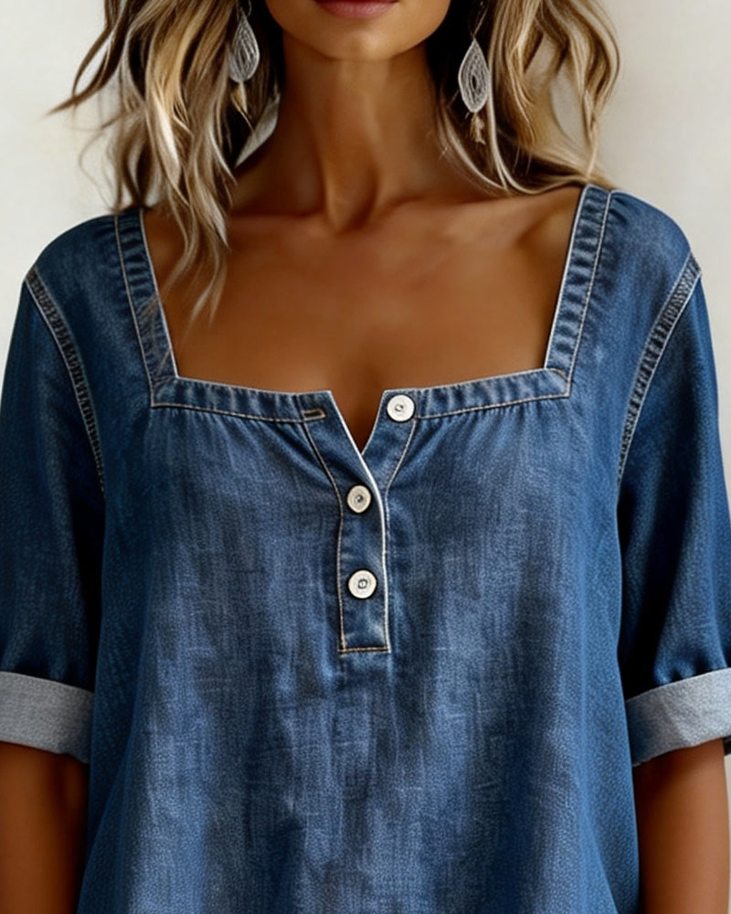 Avélia™ | Cămașă din denim cu guler pătrat