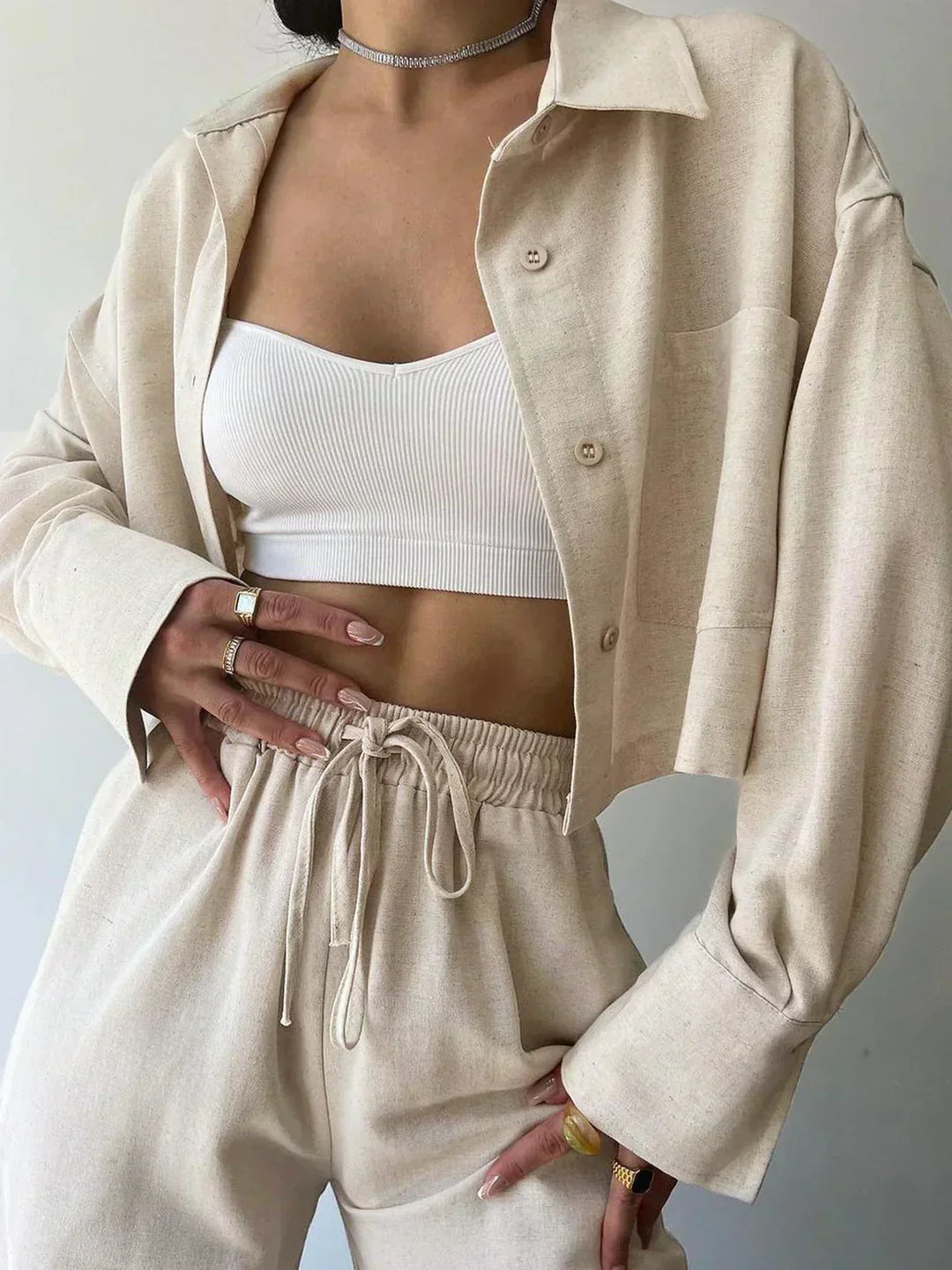 Set de pantaloni din două piese cu guler și șnur, casual