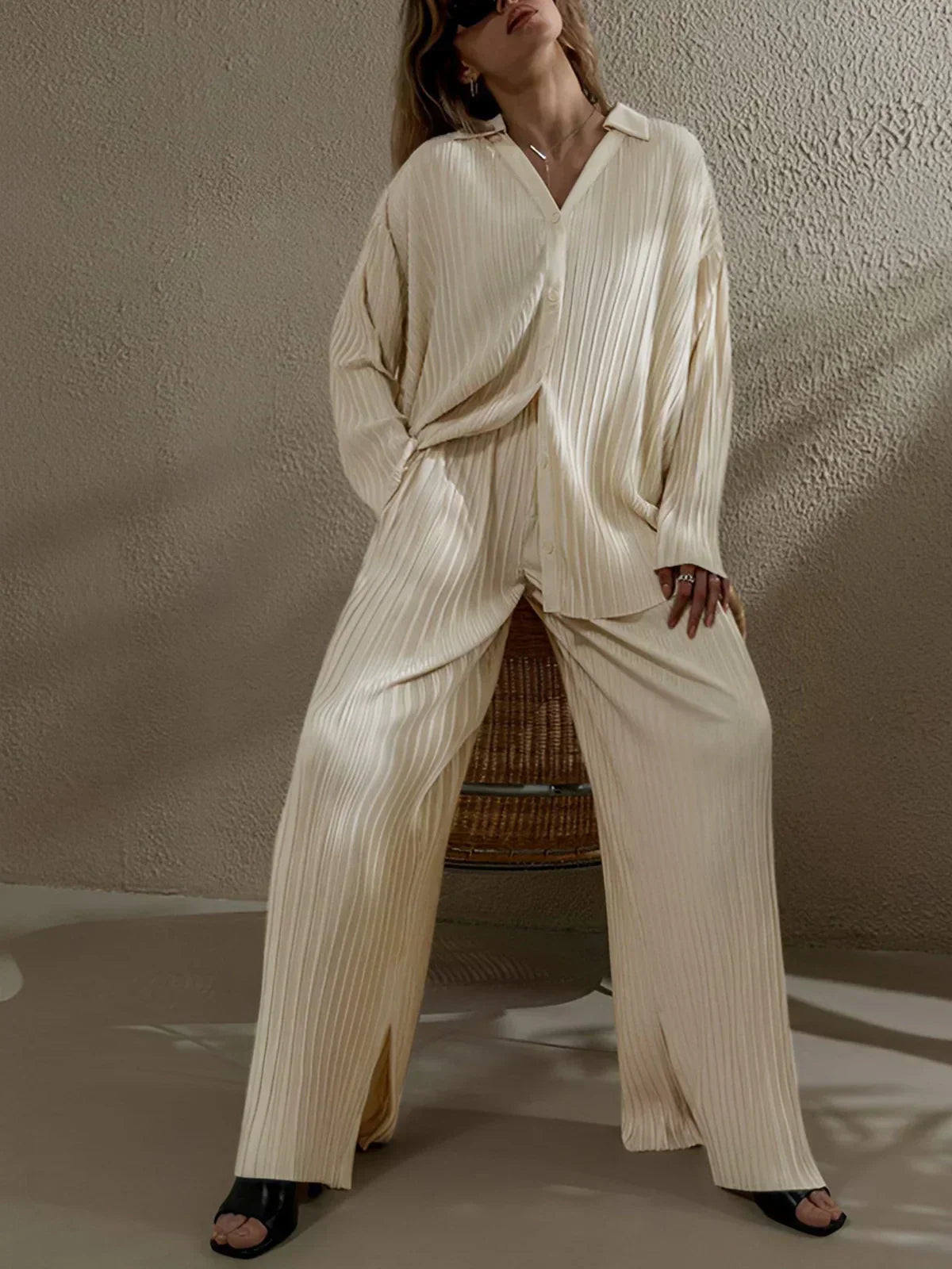 Set de pantaloni din două piese cu buzunare plisate, oversized