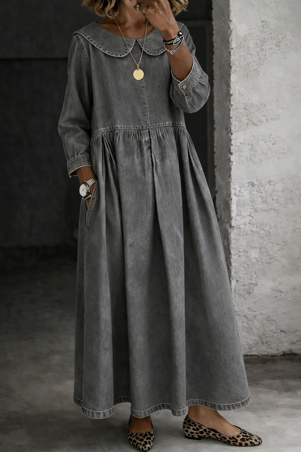 Clara™ | Rochie din denim cu guler Peter Pan