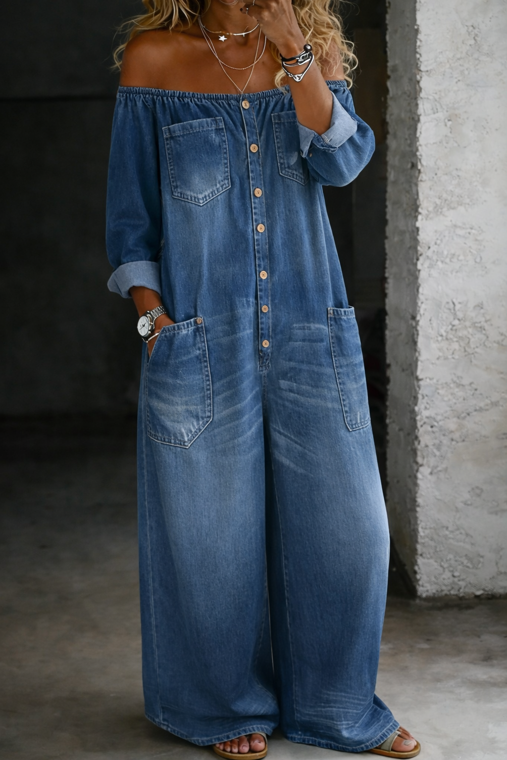 Elena™ | Salopetă din denim cu umeri descoperiți