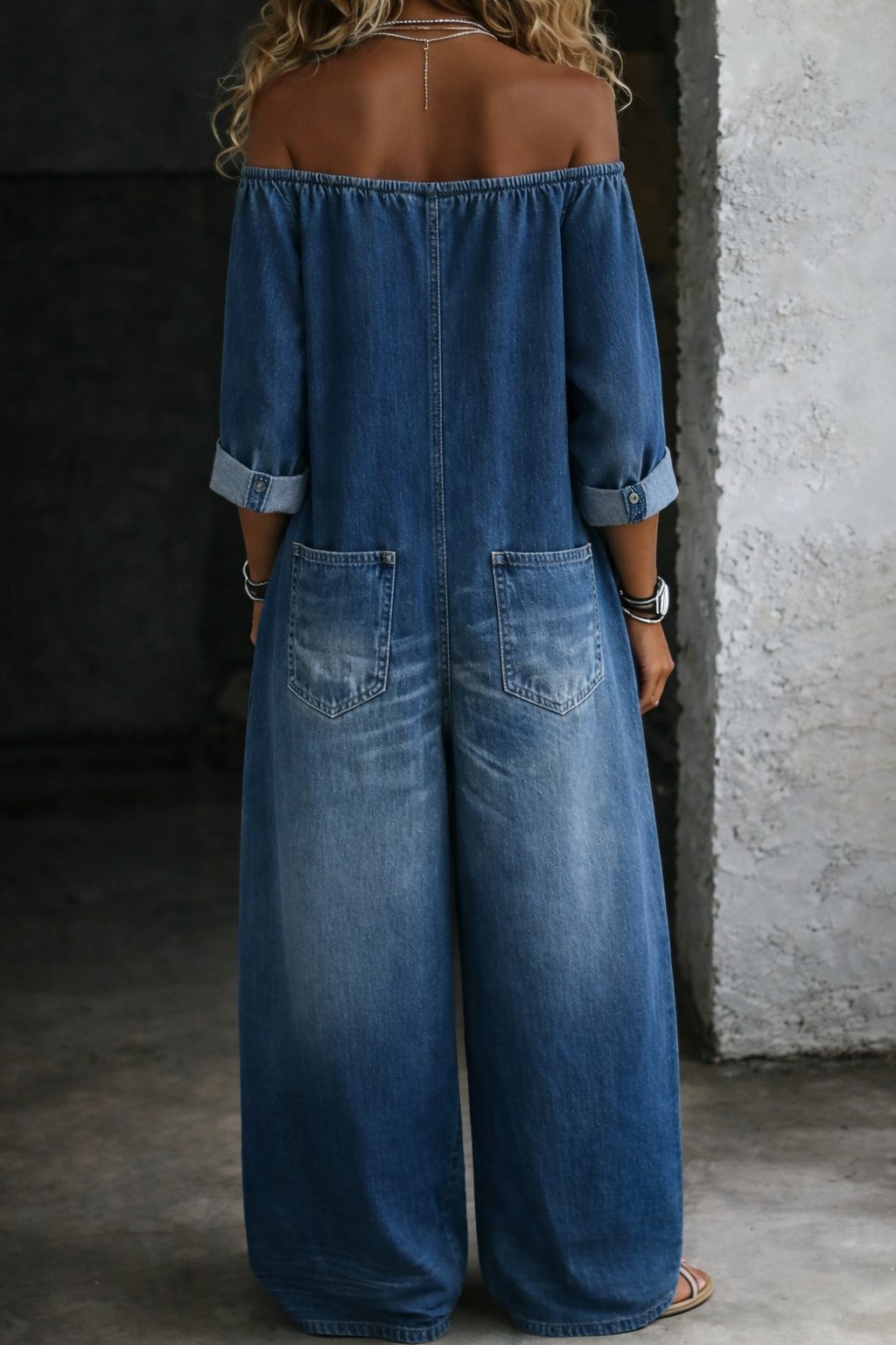 Elena™ | Salopetă din denim cu umeri descoperiți