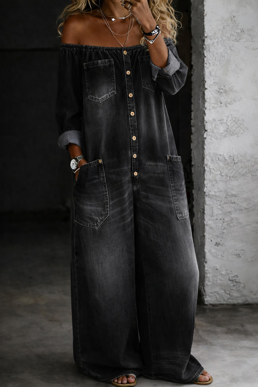 Elena™ | Salopetă din denim cu umeri descoperiți