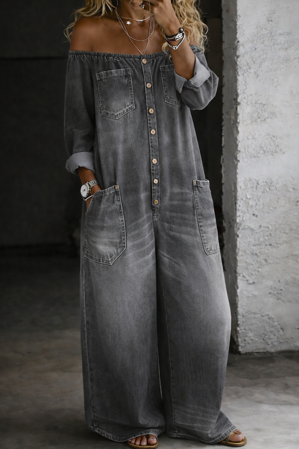 Elena™ | Salopetă din denim cu umeri descoperiți