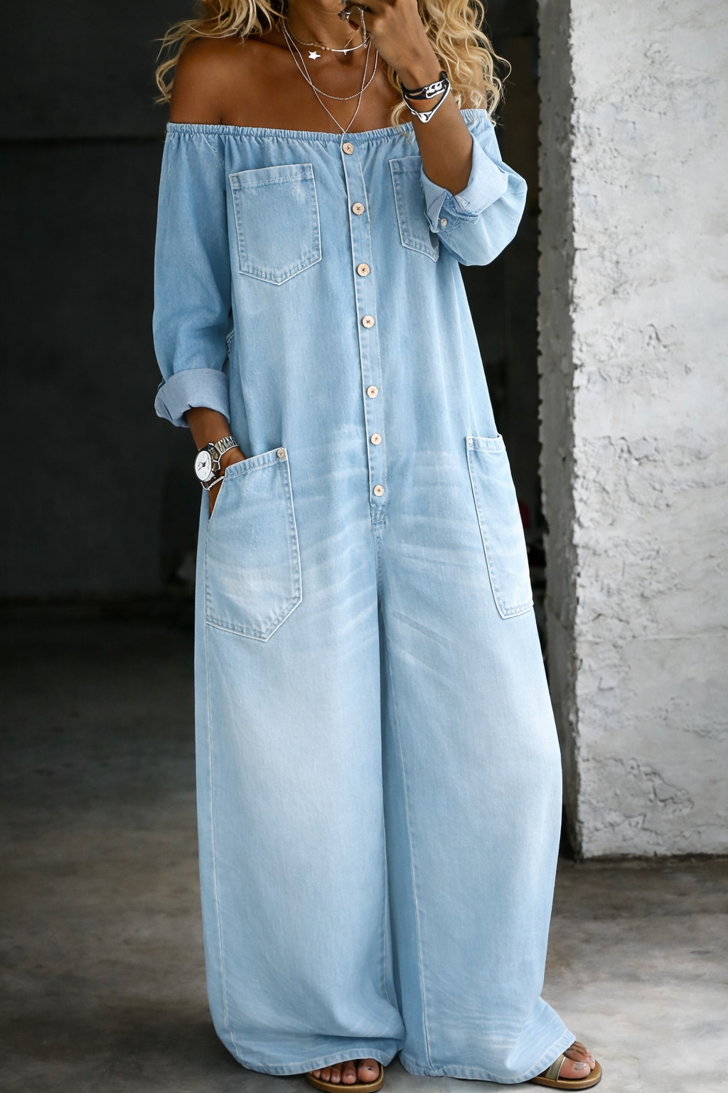 Elena™ | Salopetă din denim cu umeri descoperiți