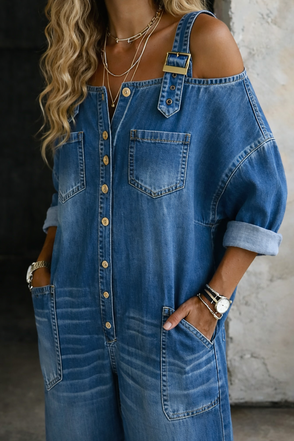 Sofia™ | Salopetă din denim cu umeri descoperiți