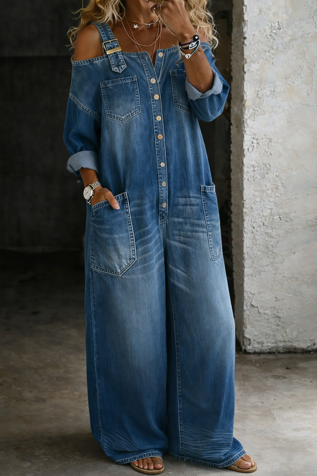 Stephanie™ | Salopetă din denim cu umeri descoperiți