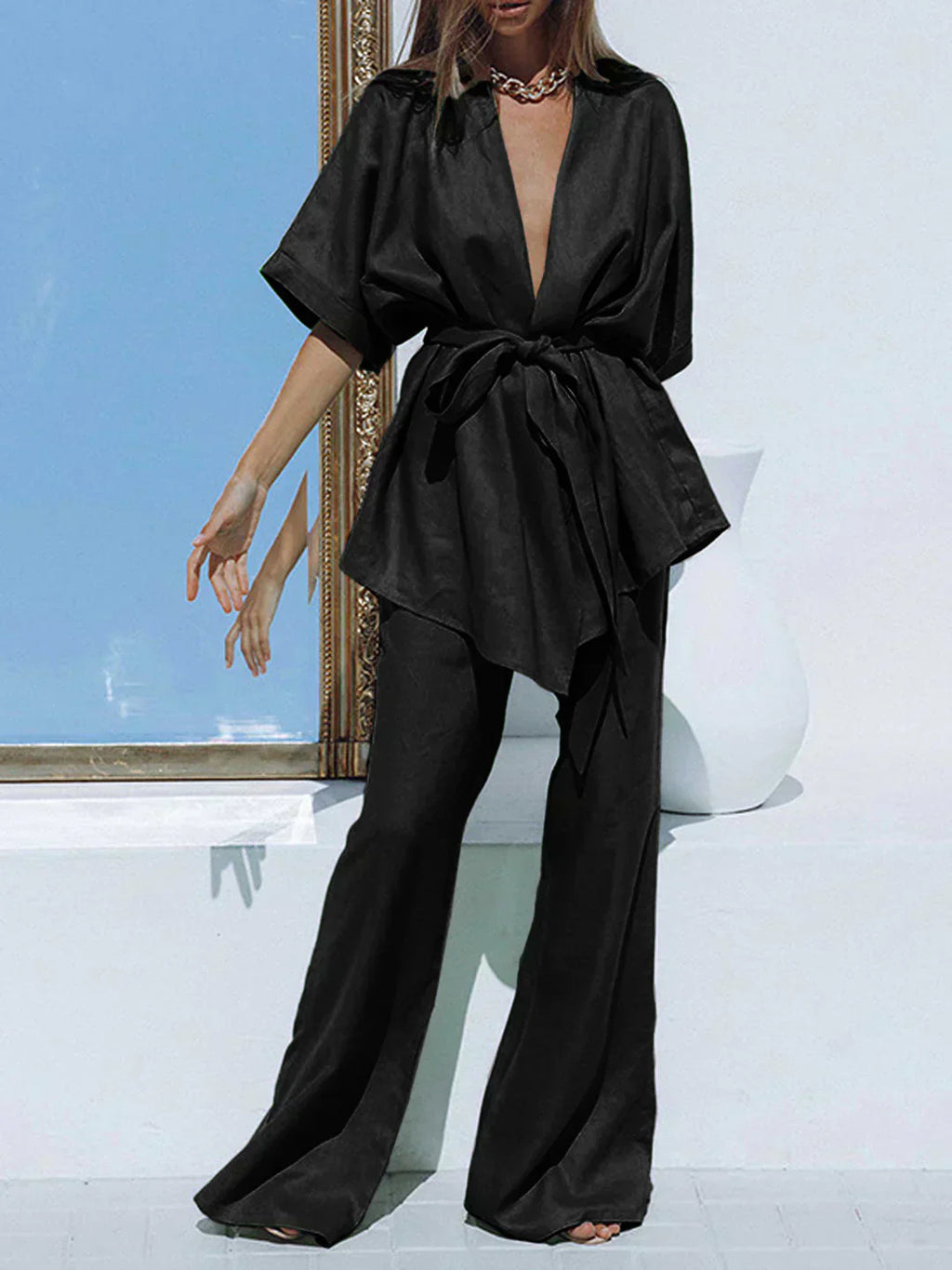 Set de pantaloni cu design oversized, legat în talie