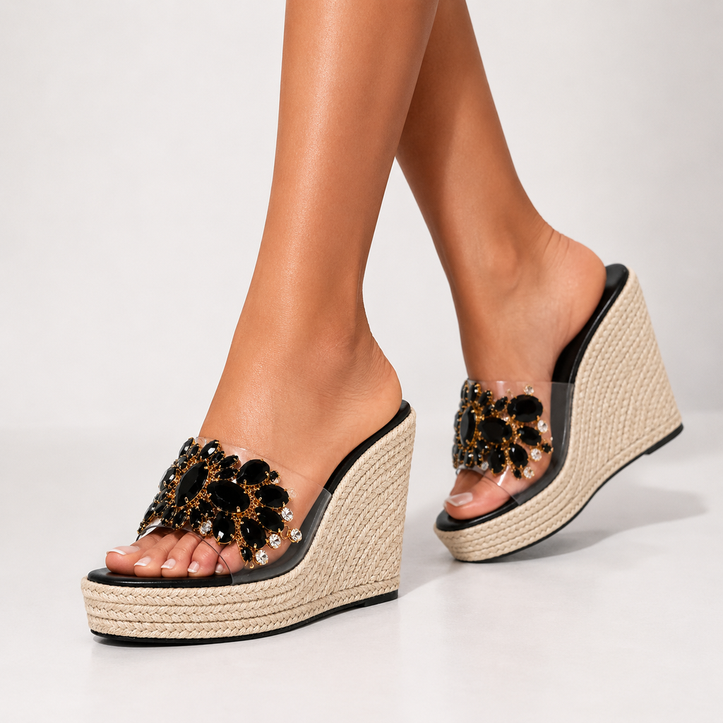 Isabella Sandale Wedge cu Cristale Alb