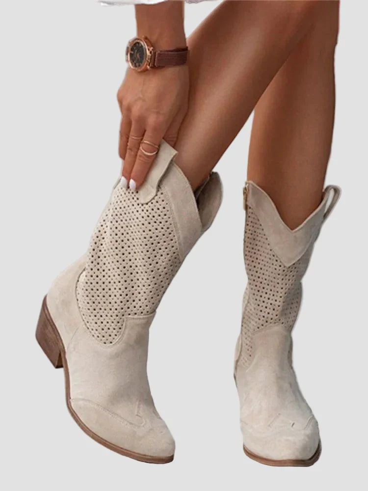 Xenia - Botine Cowboy Moderne din Denim cu Fermuar Pe Lateral