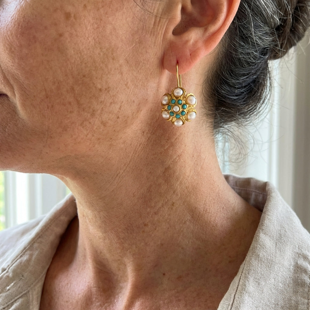 Cercei Medaillon Vintage Turcoaz & Perle