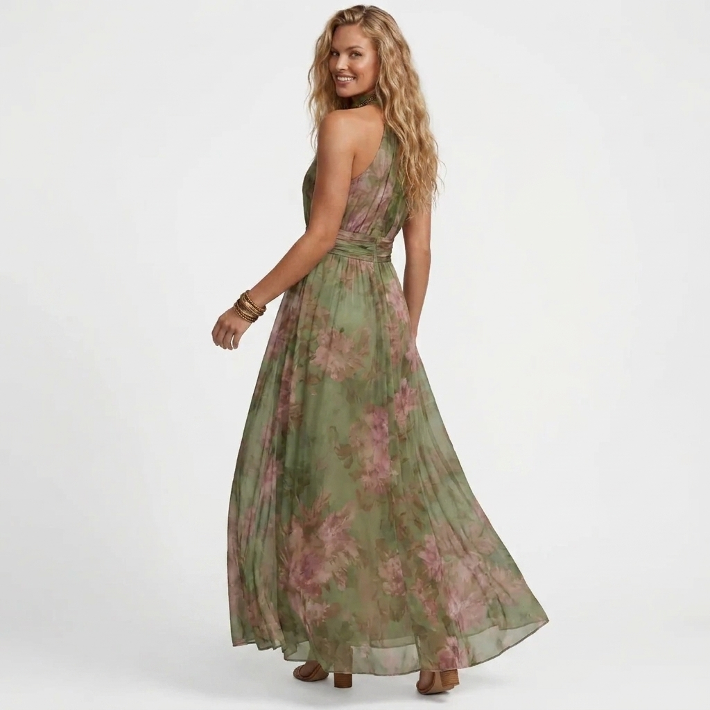 Violeta - Rochie maxi verde cu imprimeu floral