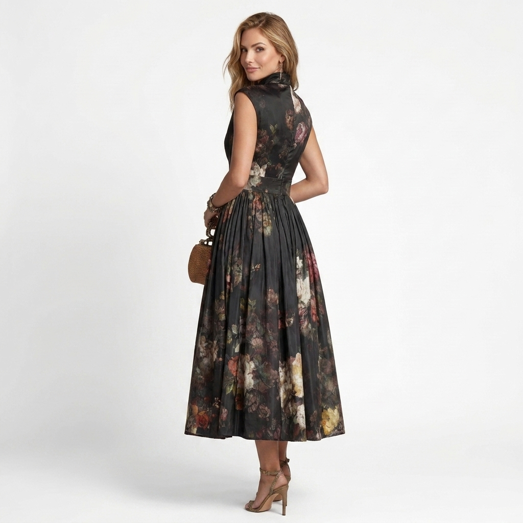 Clara - Rochie midi cu model floral plisat