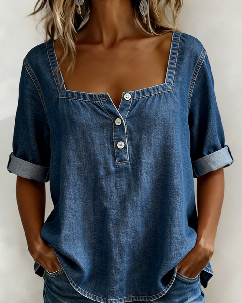 Avélia™ | Cămașă din denim cu guler pătrat