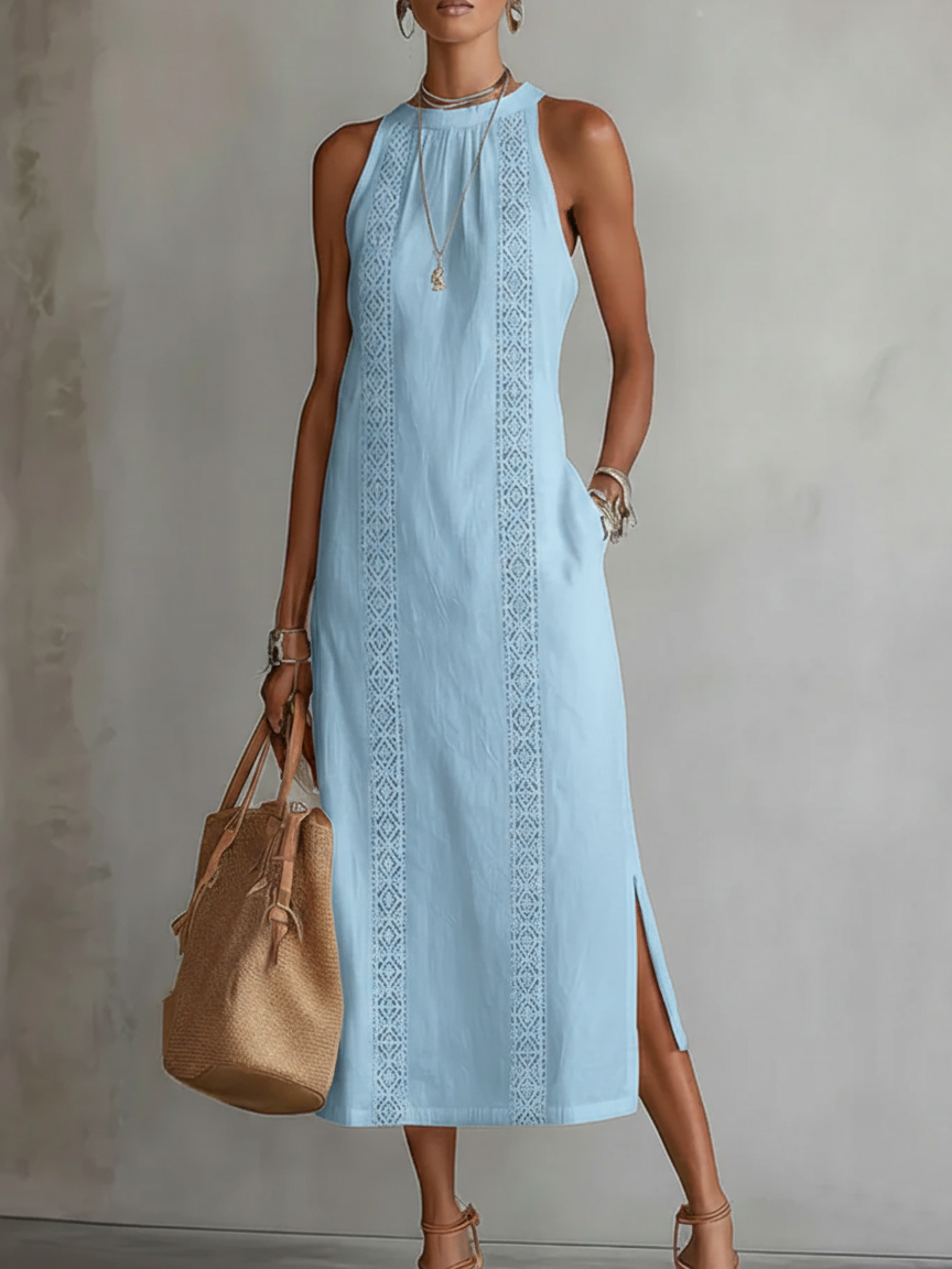 Jimena - Rochie midi din in cu guler Mao