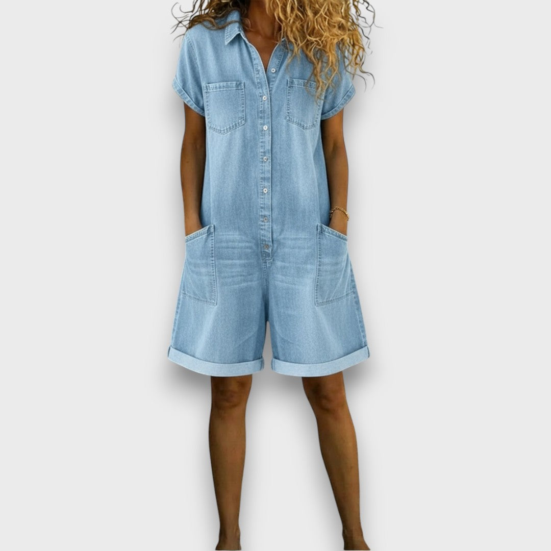 Joan™ | Salopetă scurtă din bumbac cu efect de denim