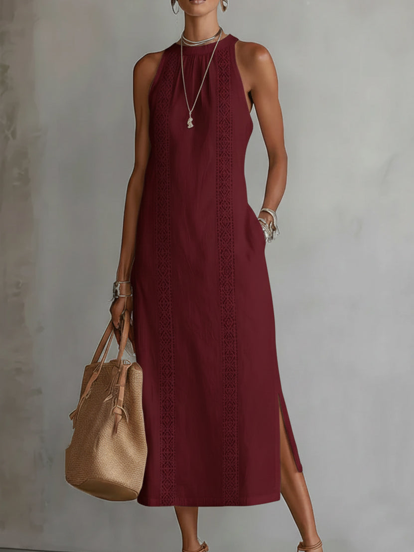 Jimena - Rochie midi din in cu guler Mao