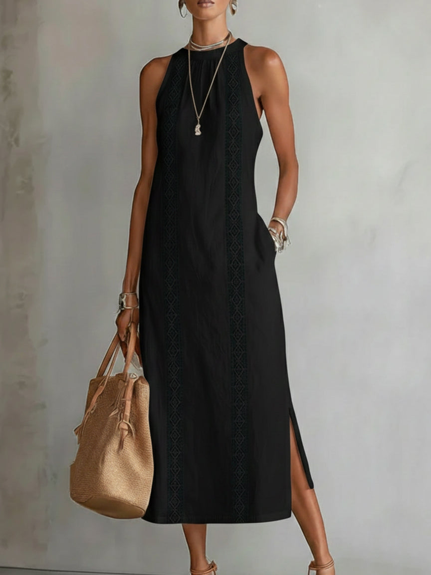 Jimena - Rochie midi din in cu guler Mao