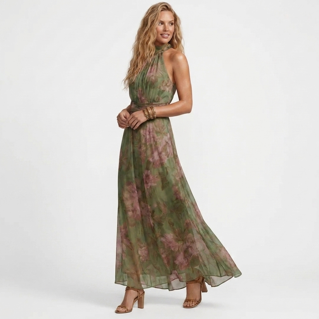 Violeta - Rochie maxi verde cu imprimeu floral