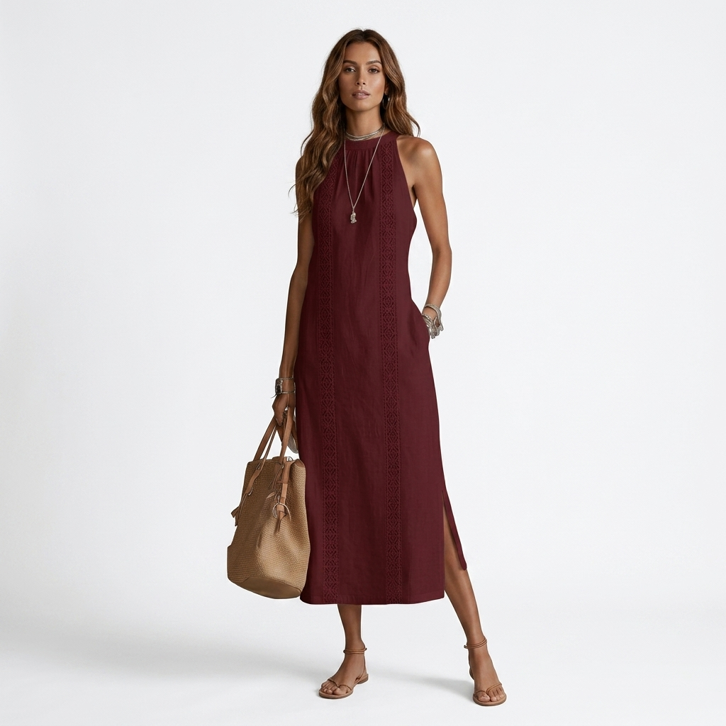 Jimena - Rochie midi din in cu guler Mao