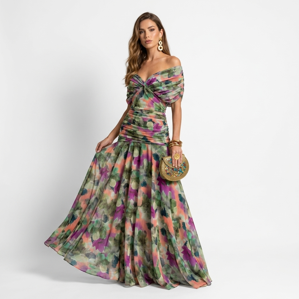 Xenia - Rochie lungă elegantă cu decolteu în V