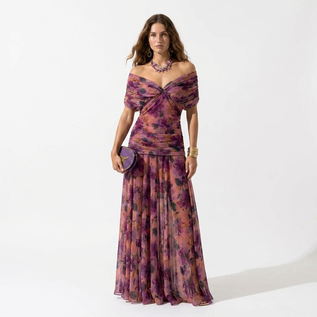 Xenia - Rochie lungă elegantă cu decolteu în V