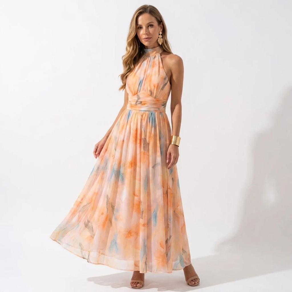 Stephanie - Rochie din mătase cu guler halter