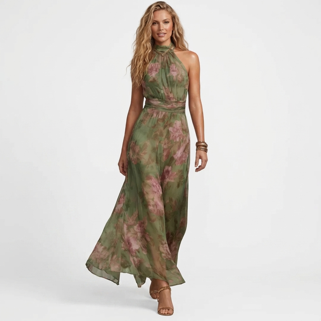 Violeta - Rochie maxi verde cu imprimeu floral